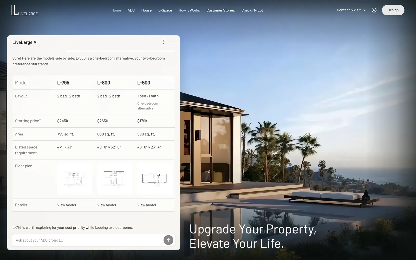 LiveLarge AI comparing three ADU models side by side on the LiveLarge site